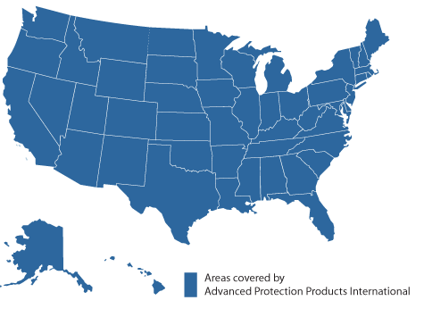 Map of USA. Dark blue indicates what areas of the country Advanced Protection Products International.